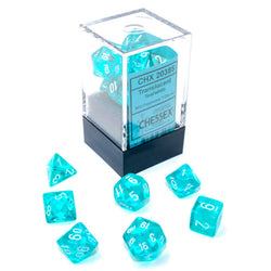 CHX20385 Teal Translucent Mini Dice with White Numbers 10mm (3/8in) Set of 7 (ONLINE ORDER ONLY)