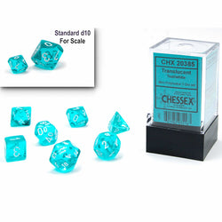CHX20385 Teal Translucent Mini Dice with White Numbers 10mm (3/8in) Set of 7 (ONLINE ORDER ONLY)