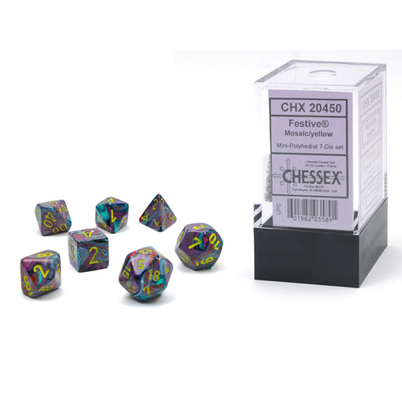 CHX20450 Mosaic Festive Mini Dice with Yellow Numbers 10mm (3/8in) Set of 7 (ONLINE ORDER ONLY)