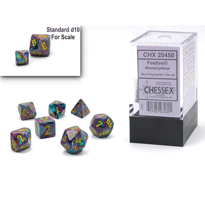 CHX20450 Mosaic Festive Mini Dice with Yellow Numbers 10mm (3/8in) Set of 7 (ONLINE ORDER ONLY)