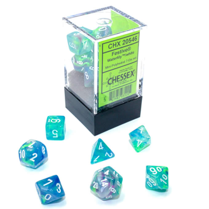 CHX20546 Waterlily Festive Mini Dice with White Numbers 10mm (3/8in) Set of 7 (ONLINE ORDER ONLY)