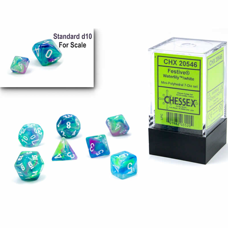 CHX20546 Waterlily Festive Mini Dice with White Numbers 10mm (3/8in) Set of 7 (ONLINE ORDER ONLY)