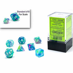 CHX20546 Waterlily Festive Mini Dice with White Numbers 10mm (3/8in) Set of 7 (ONLINE ORDER ONLY)
