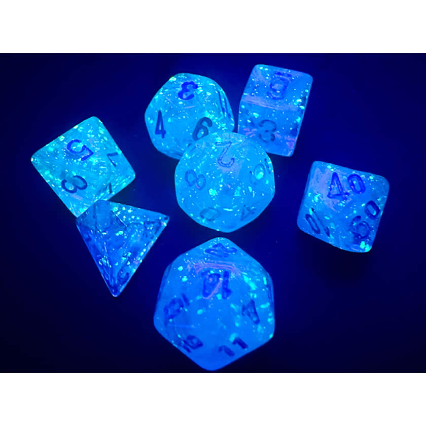 CHX20566 Sky Luminary Mini Dice with Silver Numbers 10mm (3/8in) Set of 7 (ONLINE ORDER ONLY)