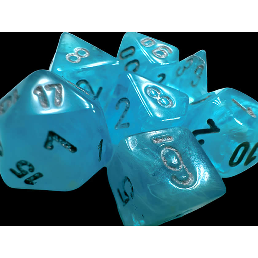 CHX20566 Sky Luminary Mini Dice with Silver Numbers 10mm (3/8in) Set of 7 (ONLINE ORDER ONLY)