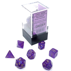 CHX20587 Royal Purple Borealis Luminary Mini Dice with Gold Colored Numbers 10mm (3/8in) Set of 7 (ONLINE ORDER ONLY)