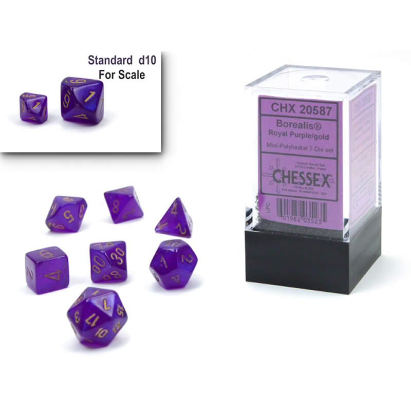 CHX20587 Royal Purple Borealis Luminary Mini Dice with Gold Colored Numbers 10mm (3/8in) Set of 7 (ONLINE ORDER ONLY)