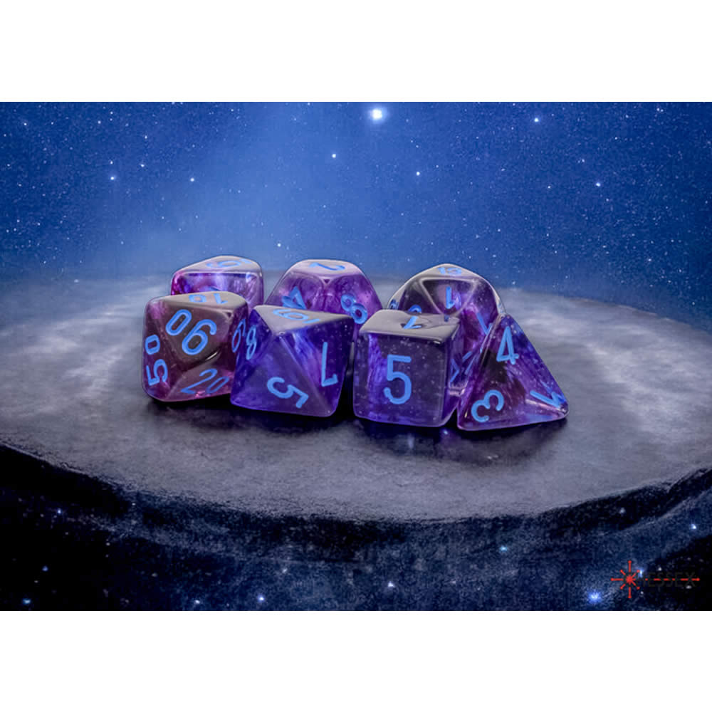 CHX22547 Nocturnal Nebula Mega-Hedral Dice with Blue Colored Numbers 20mm (25/32in) Set of 7 (ONLINE ORDER ONLY)