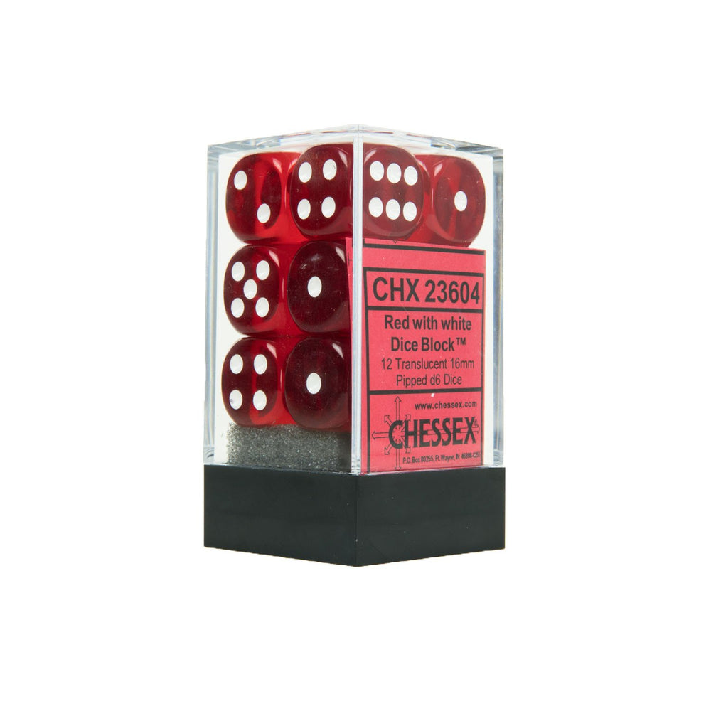 Chessex Translucent Red/White 16MM D6 Dice Block (12 dice)