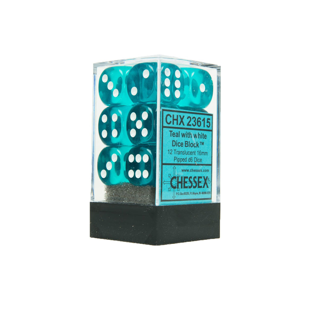 Chessex Translucent Teal/White 16MM D6 Dice Block (12 dice)