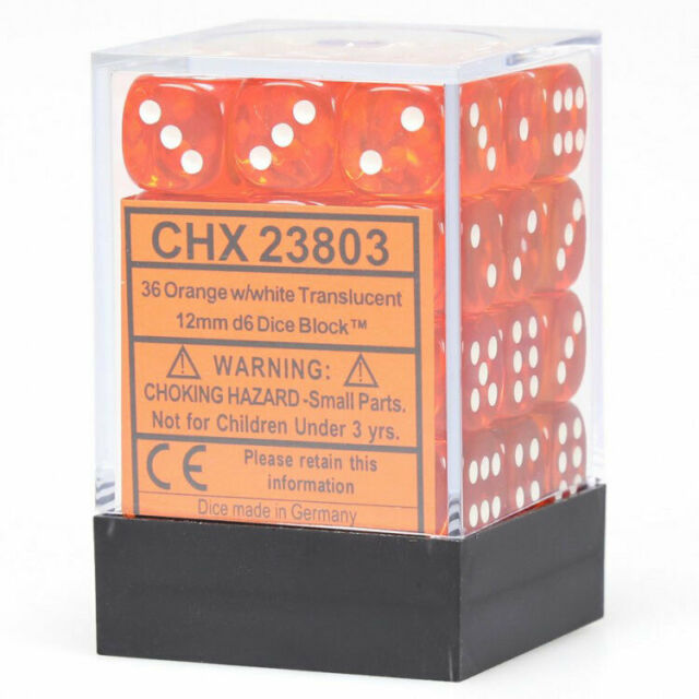 Chessex Translucent Orange/White 12MM D6 Dice Block (36 dice)