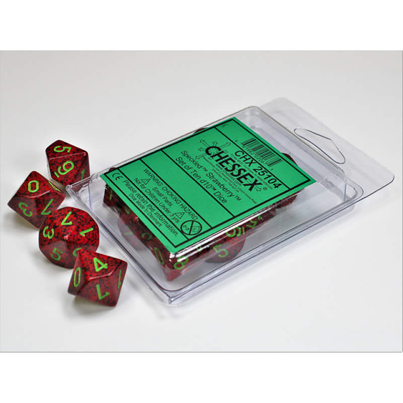 CHX25104 Strawberry Speckled Dice Green Numbers D10 16mm Set of 10 (ONLINE ORDER ONLY)