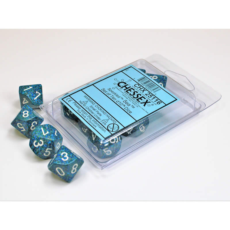 CHX25116 Sea Speckled Dice White Numbers D10 16mm (5/8in) Set of 10 (ONLINE ORDER ONLY)