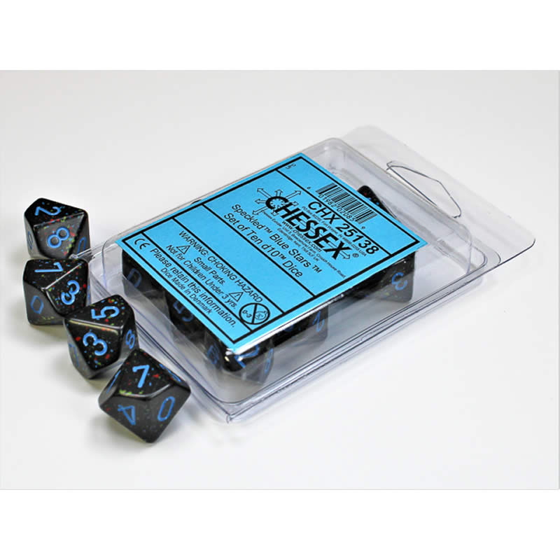 CHX25138 Blue Stars Speckled Dice Blue Numbers D10 16mm Set of 10 (ONLINE ORDER ONLY)