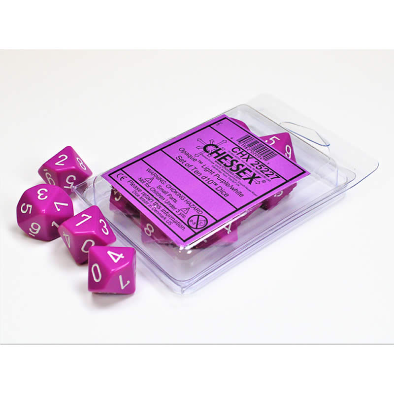CHX25227 Light Purple Opaque Dice White Numbers D10 16mm Set of 10 (ONLINE ORDER ONLY)