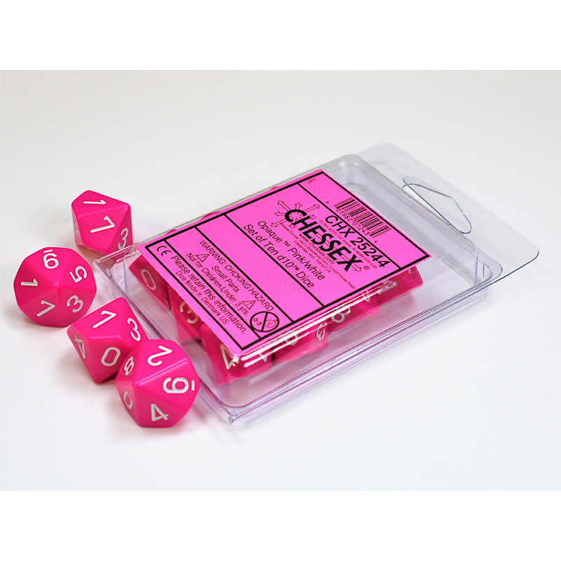 CHX25244 Pink Opaque Dice with White Numbers D10 16mm (5/8in) Set of 10 (ONLINE ORDER ONLY)