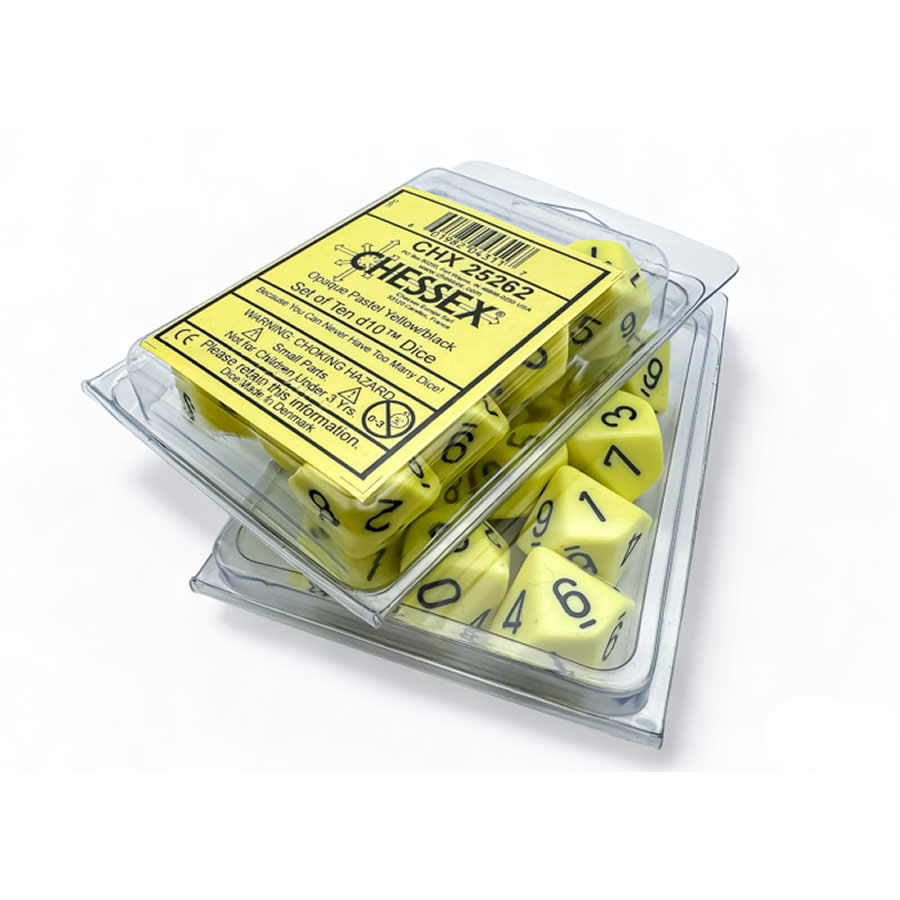 CHX25262 Yellow Pastel Dice with Black Numbers D10 Aprox 16mm (5/8in) Set of 10 (ONLINE ORDER ONLY)