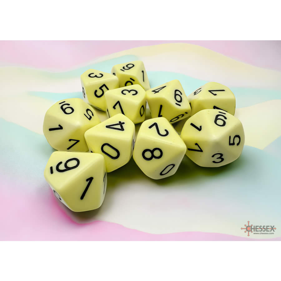 CHX25262 Yellow Pastel Dice with Black Numbers D10 Aprox 16mm (5/8in) Set of 10 (ONLINE ORDER ONLY)