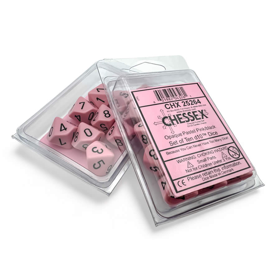 CHX25264 Pink Pastel Dice with Black Numbers D10 Aprox 16mm (5/8in) Set of 10 (ONLINE ORDER ONLY)
