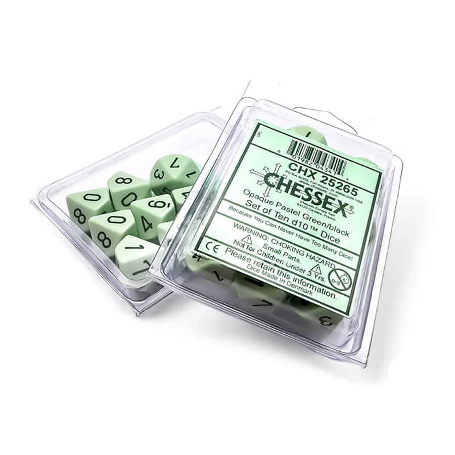 CHX25265 Green Pastel Dice with Black Numbers D10 Aprox 16mm (5/8in) Set of 10 (ONLINE ORDER ONLY)