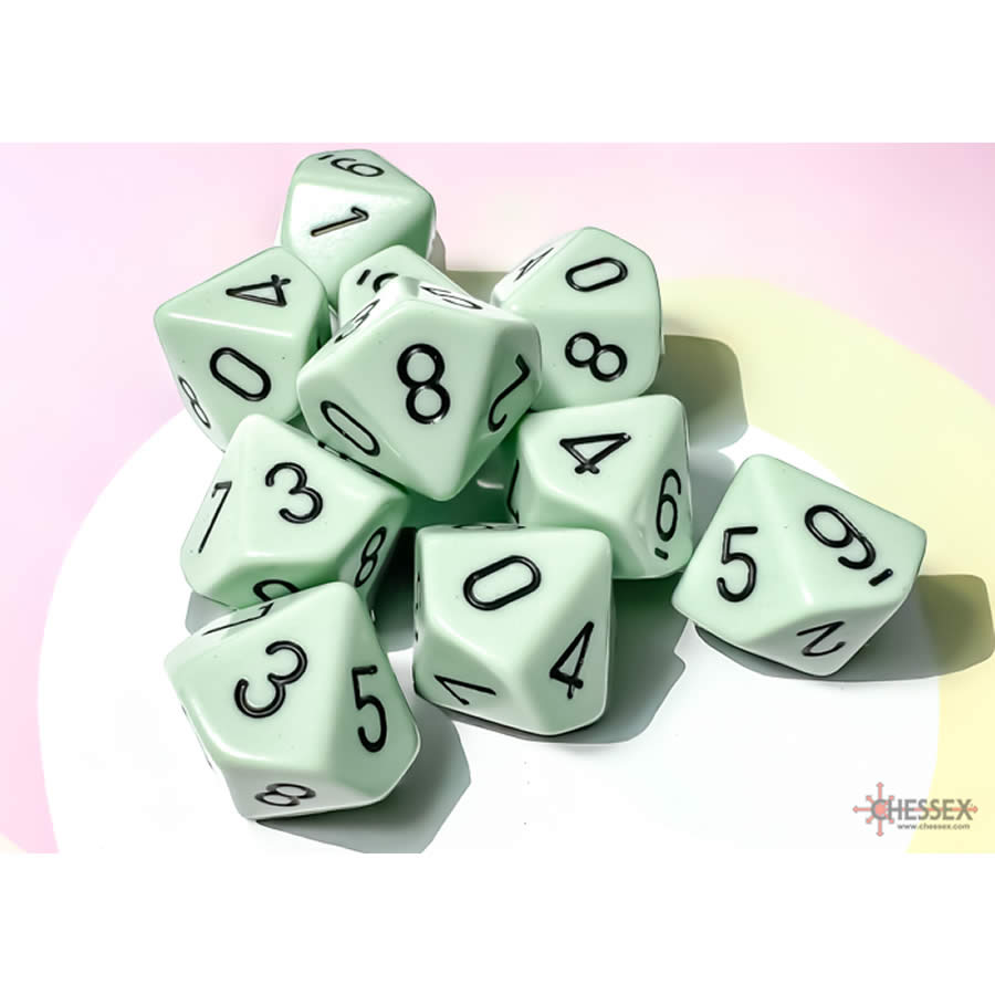 CHX25265 Green Pastel Dice with Black Numbers D10 Aprox 16mm (5/8in) Set of 10 (ONLINE ORDER ONLY)