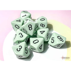CHX25265 Green Pastel Dice with Black Numbers D10 Aprox 16mm (5/8in) Set of 10 (ONLINE ORDER ONLY)