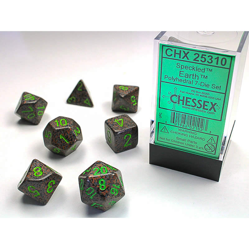 CHX25310 Earth Speckled Dice with Green Numbers 16mm (5/8in) Set of 7 (ONLINE ORDER ONLY)