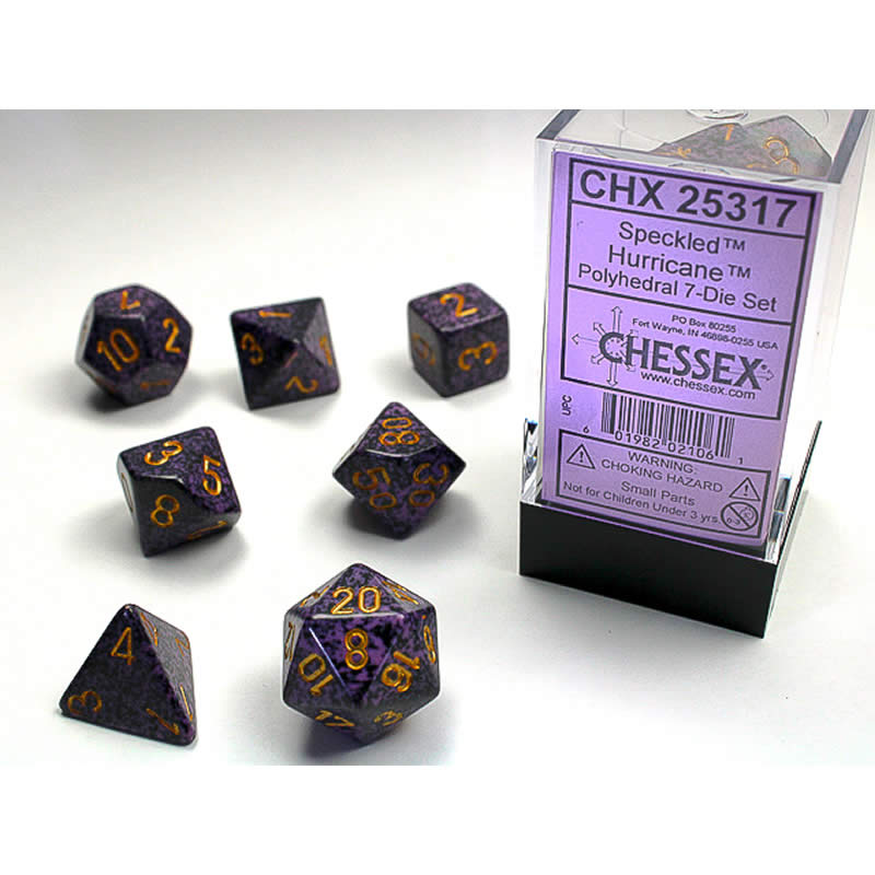 CHX25317 Hurricane Speckled Dice Gold Numbers 16mm (5/8in) Set of 7 (ONLINE ORDER ONLY)