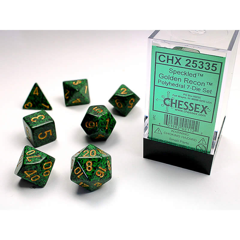 CHX25335 Golden Recon Speckled Dice Gold Numbers 16mm Set of 7 (ONLINE ORDER ONLY)