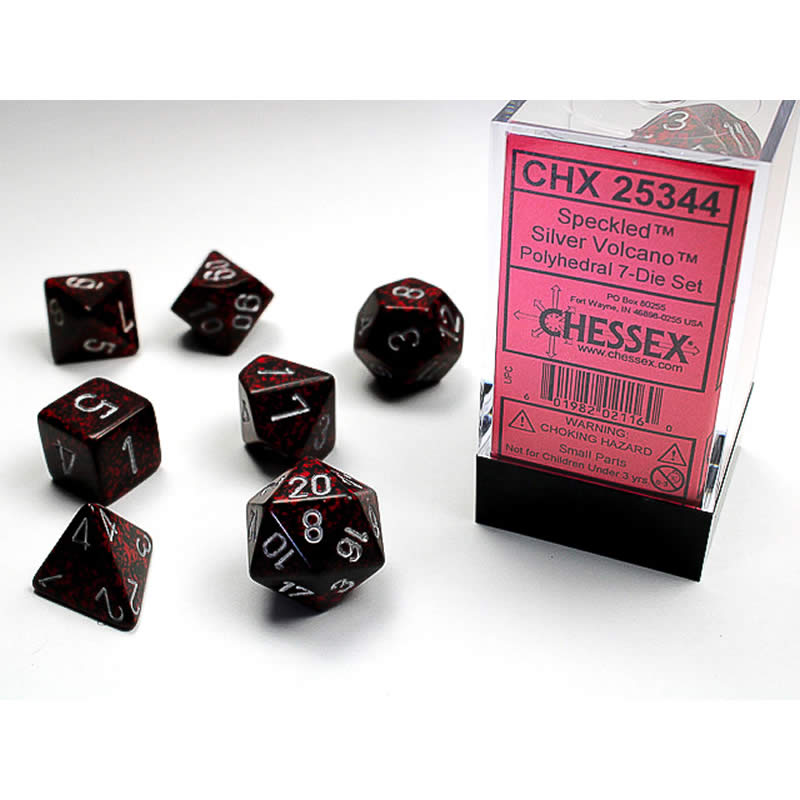 CHX25344 Silver Volcan Speckled Dice Silver Numbers 16mm Set of 7 (ONLINE ORDER ONLY)