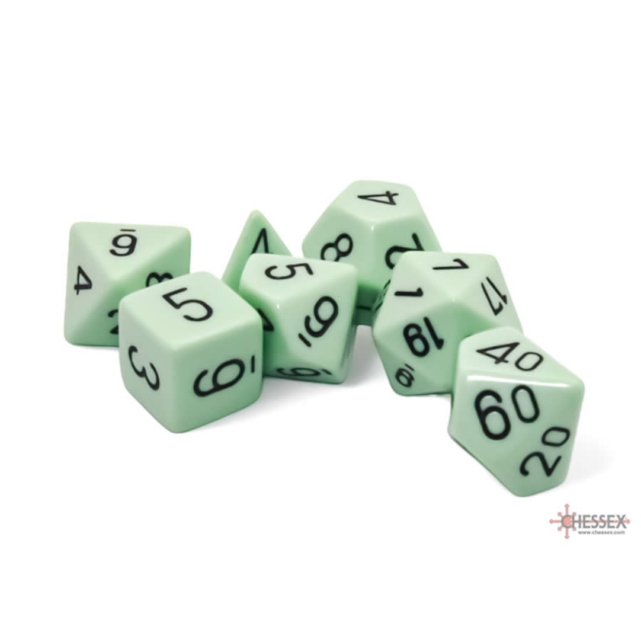 CHX25465 Green Pastel Dice with Black Numbers 16mm (5/8in) Set of 7 Dice (ONLINE ORDER ONLY)