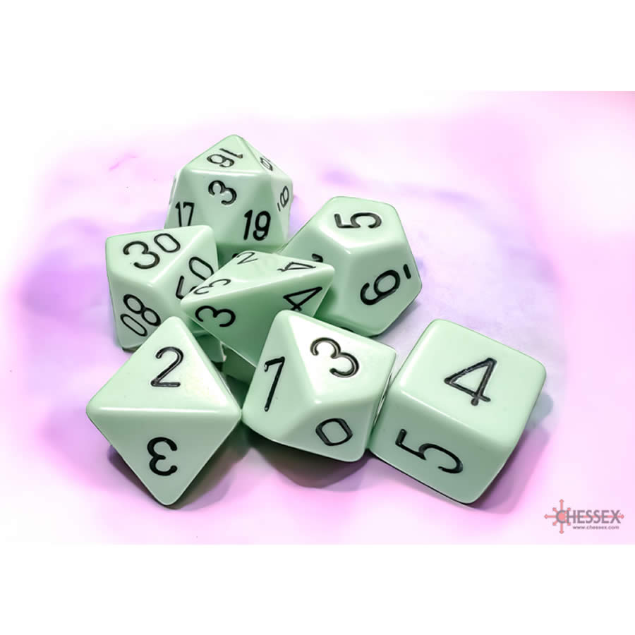 CHX25465 Green Pastel Dice with Black Numbers 16mm (5/8in) Set of 7 Dice (ONLINE ORDER ONLY)