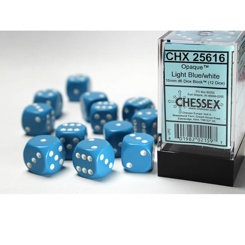 CHX25616 Light Blue Opaque D6 Dice Red Pips 16mm (5/8in) Pack of 12 (ONLINE ORDER ONLY)