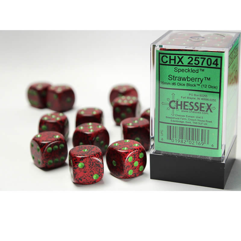 CHX25704 Strawberry Speckled D6 Dice Green Pips 16mm (5/8in) Pack of 12 (ONLINE ORDER ONLY)
