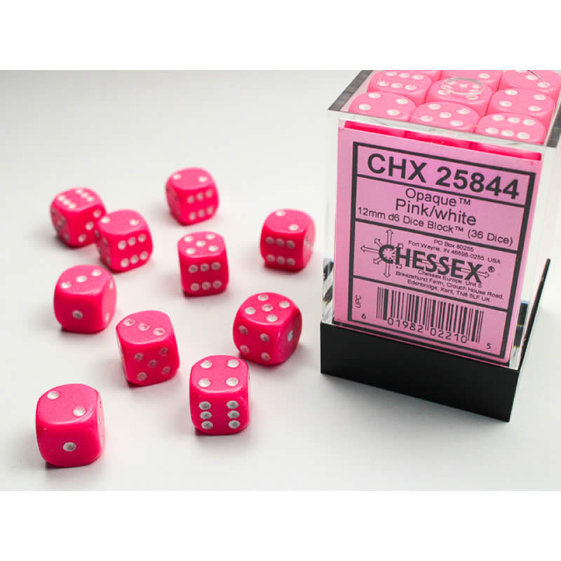 CHX25844 Pink Opaque D6 Dice with White Pips 12mm (1/2in) Pack of 36 (ONLINE ORDER ONLY)