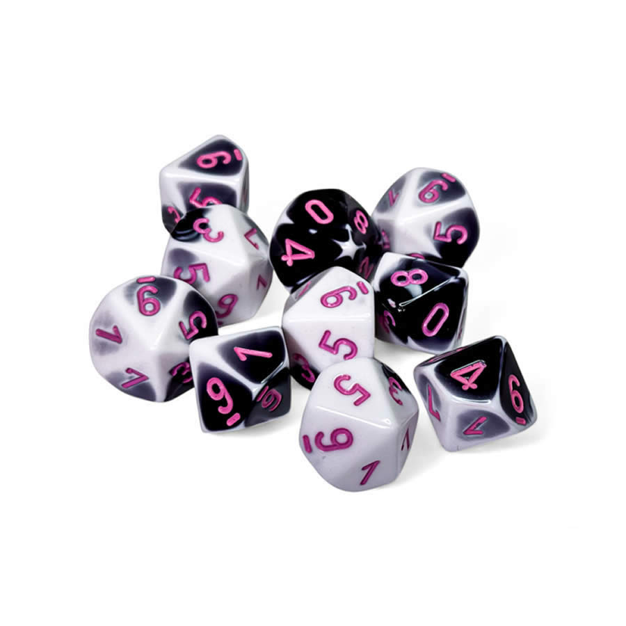 CHX26269 Black and White Gemini Dice with Pink Numbers D10 16mm (5/8in) Pack of 10 Dice Chessex (ONLINE ORDER ONLY)