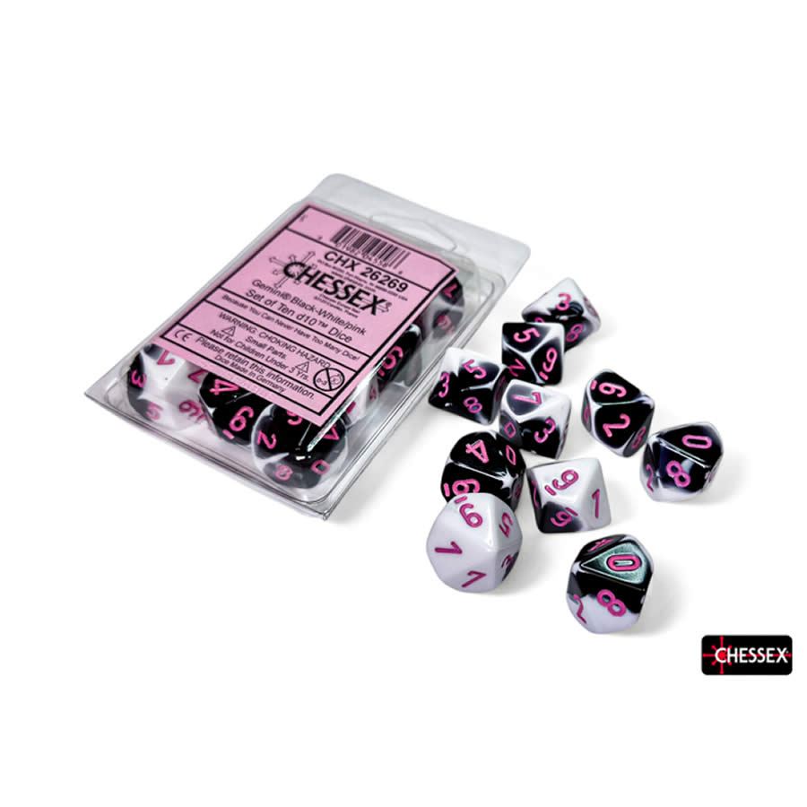 CHX26269 Black and White Gemini Dice with Pink Numbers D10 16mm (5/8in) Pack of 10 Dice Chessex (ONLINE ORDER ONLY)