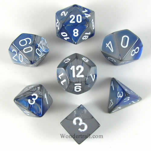 CHX26423 Blue and Steel Gemini Dice White Numbers 16mm (5/8in) Set of 7 (ONLINE ORDER ONLY)