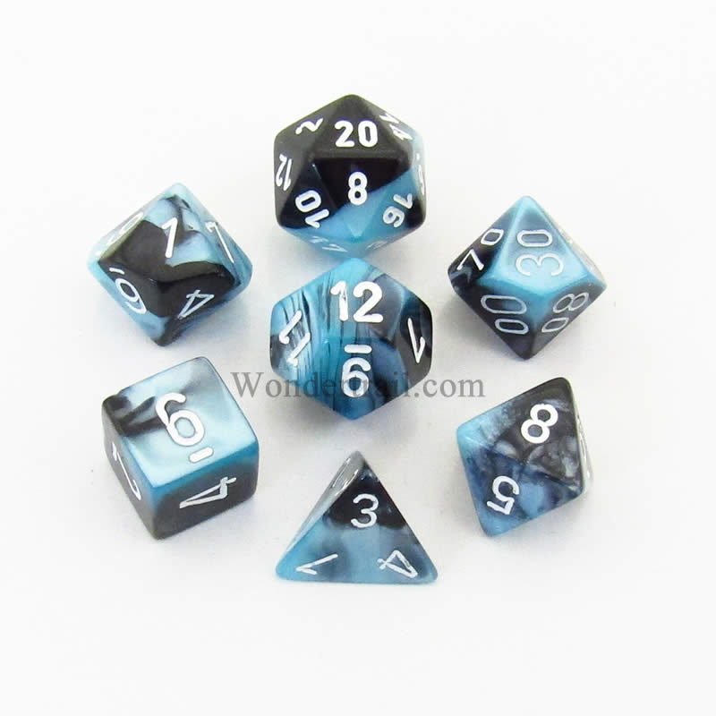 CHX26446 Black and Shell Gemini Dice  White Numbers 7 Dice Set 16mm (ONLINE ORDER ONLY)