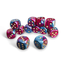 CHX26649 Purple and Teal Gemini Dice with Gold Pips D6 16mm (5/8in) Pack of 12 Dice (ONLINE ORDER ONLY)