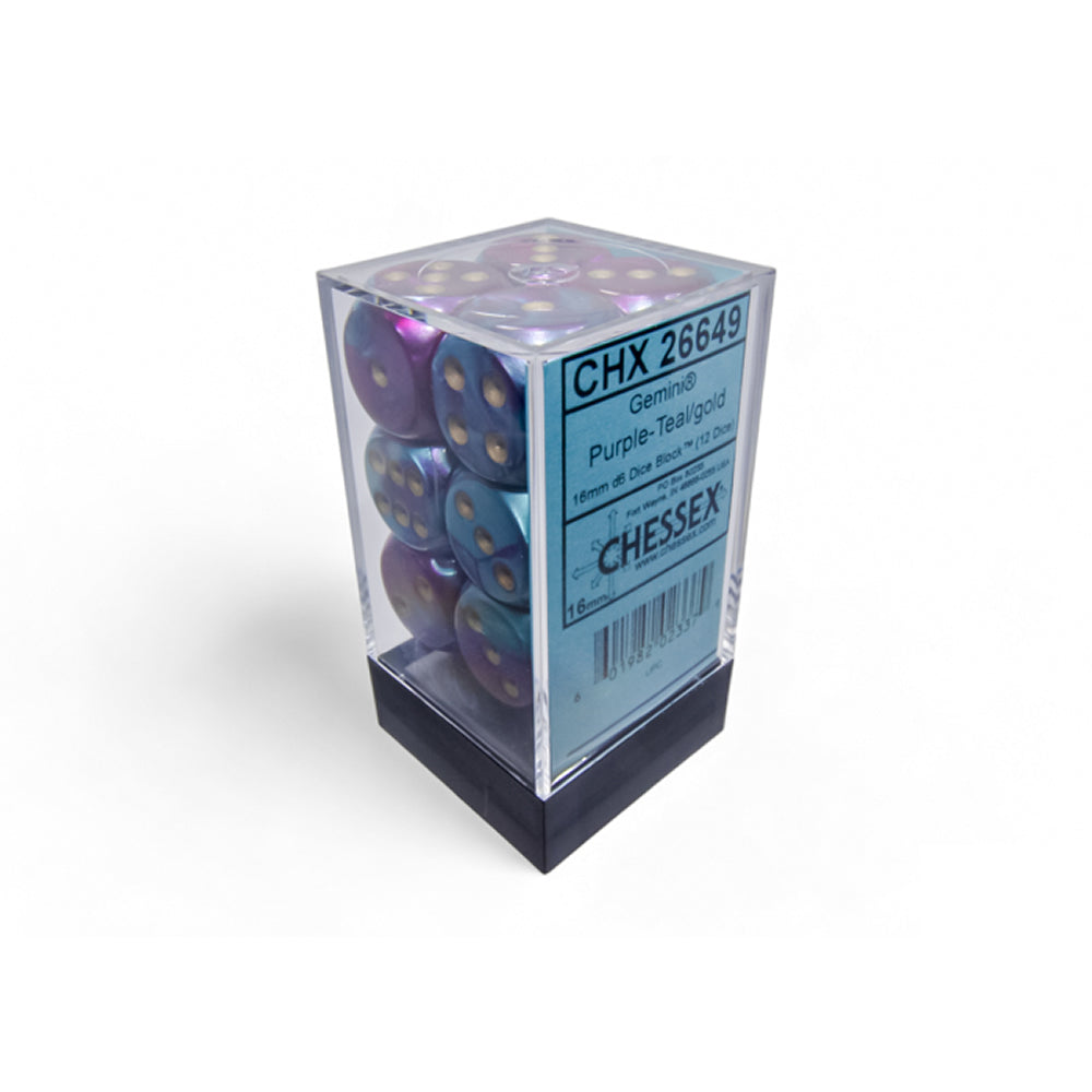 CHX26649 Purple and Teal Gemini Dice with Gold Pips D6 16mm (5/8in) Pack of 12 Dice (ONLINE ORDER ONLY)