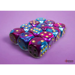CHX26649 Purple and Teal Gemini Dice with Gold Pips D6 16mm (5/8in) Pack of 12 Dice (ONLINE ORDER ONLY)