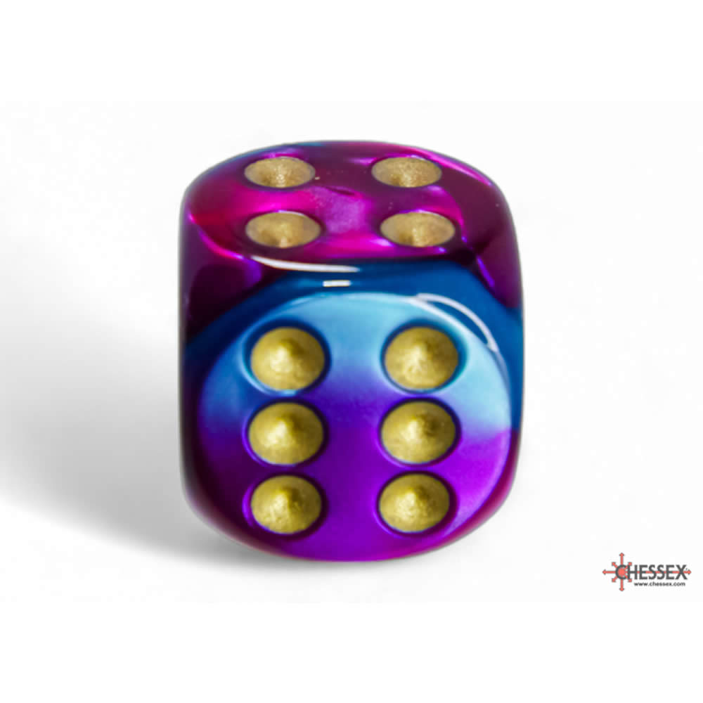 CHX26649 Purple and Teal Gemini Dice with Gold Pips D6 16mm (5/8in) Pack of 12 Dice (ONLINE ORDER ONLY)
