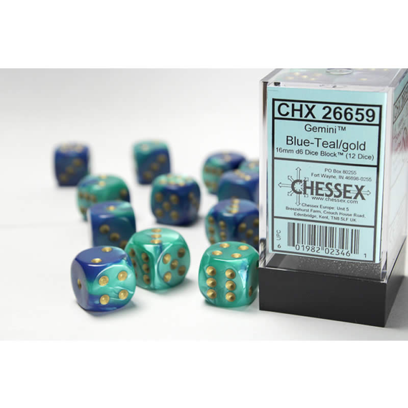 CHX26659 Blue and Teal Gemini Dice with Gold Pips D6 16mm (5/8in) Pack of 12 (ONLINE ORDER ONLY)