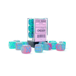 CHX26664 Gel Green and Pink Gemini Luminary Dice with Blue Pips D6 16mm (5/8in) Pack of 12 (ONLINE ORDER ONLY)