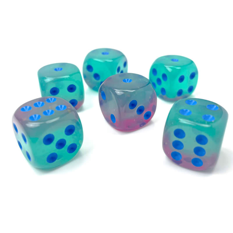 CHX26664 Gel Green and Pink Gemini Luminary Dice with Blue Pips D6 16mm (5/8in) Pack of 12 (ONLINE ORDER ONLY)