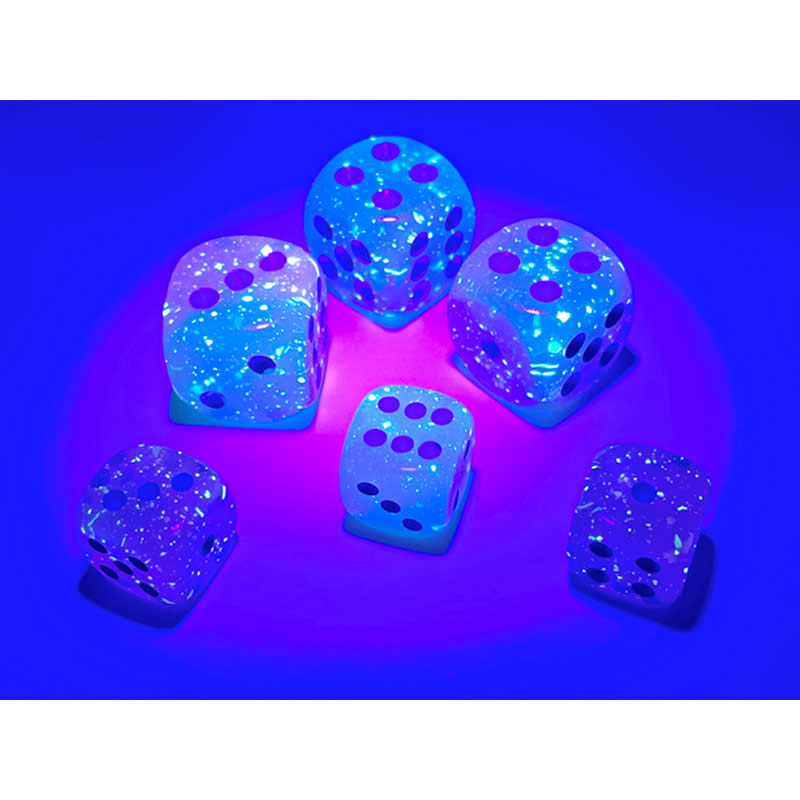 CHX26664 Gel Green and Pink Gemini Luminary Dice with Blue Pips D6 16mm (5/8in) Pack of 12 (ONLINE ORDER ONLY)