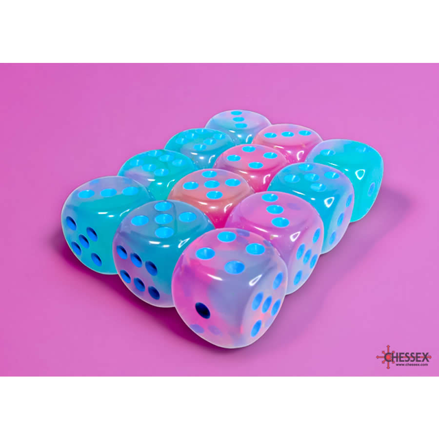 CHX26664 Gel Green and Pink Gemini Luminary Dice with Blue Pips D6 16mm (5/8in) Pack of 12 (ONLINE ORDER ONLY)