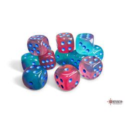 CHX26664 Gel Green and Pink Gemini Luminary Dice with Blue Pips D6 16mm (5/8in) Pack of 12 (ONLINE ORDER ONLY)
