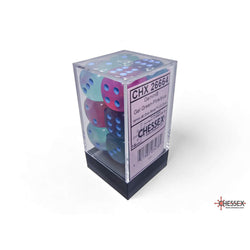 CHX26664 Gel Green and Pink Gemini Luminary Dice with Blue Pips D6 16mm (5/8in) Pack of 12 (ONLINE ORDER ONLY)